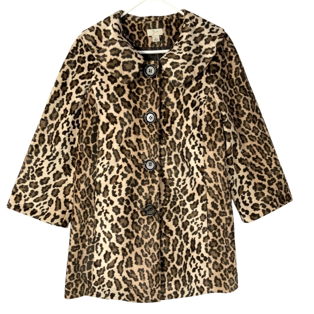 Yvos Leopard Faux Fur Coat 8 Button Peter Pan Collar 3/4 Sleeve Swing Jacket